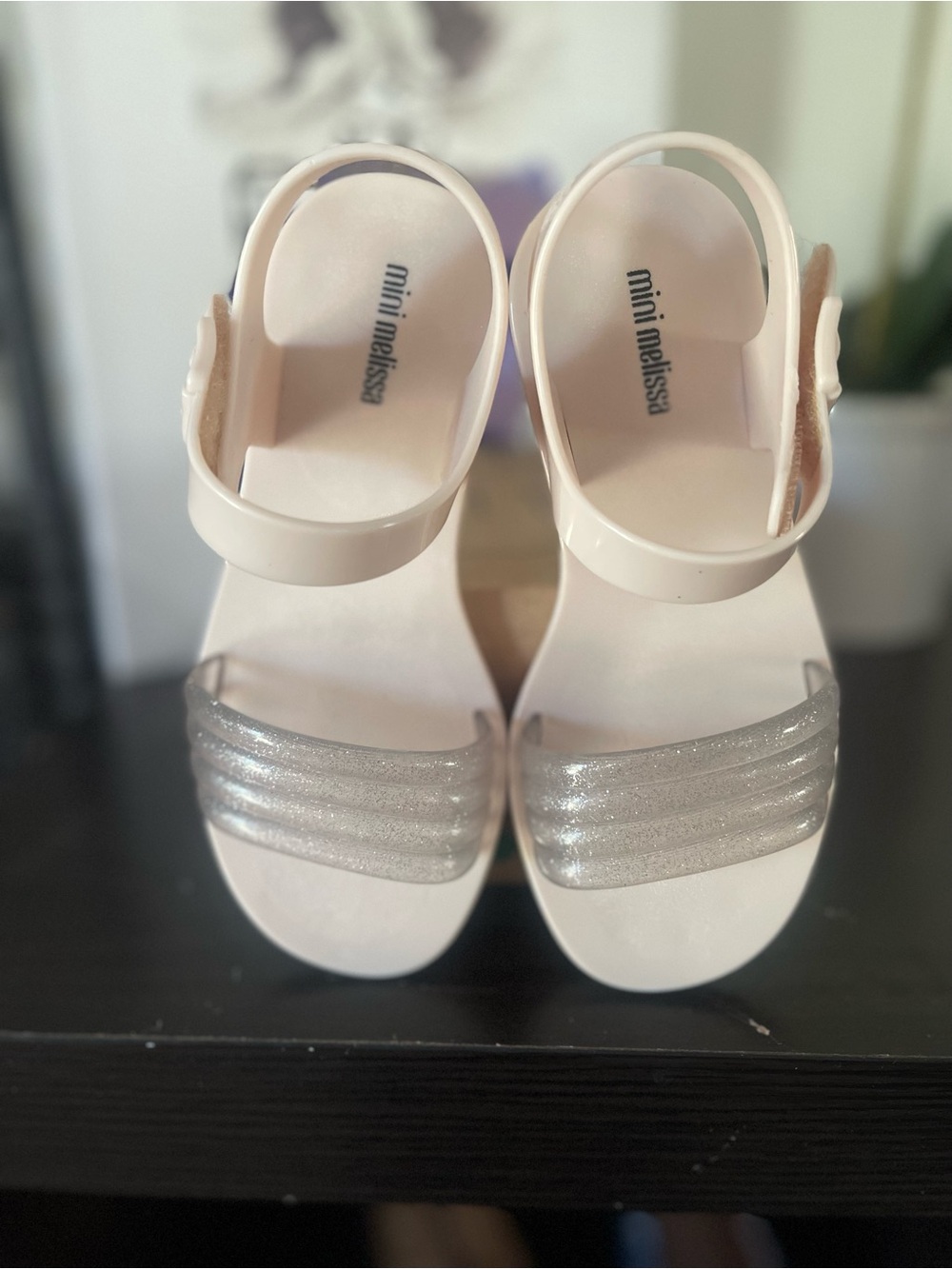 Mini Melissa Girls' Pale Pink Sandals with Silver Glitter Straps